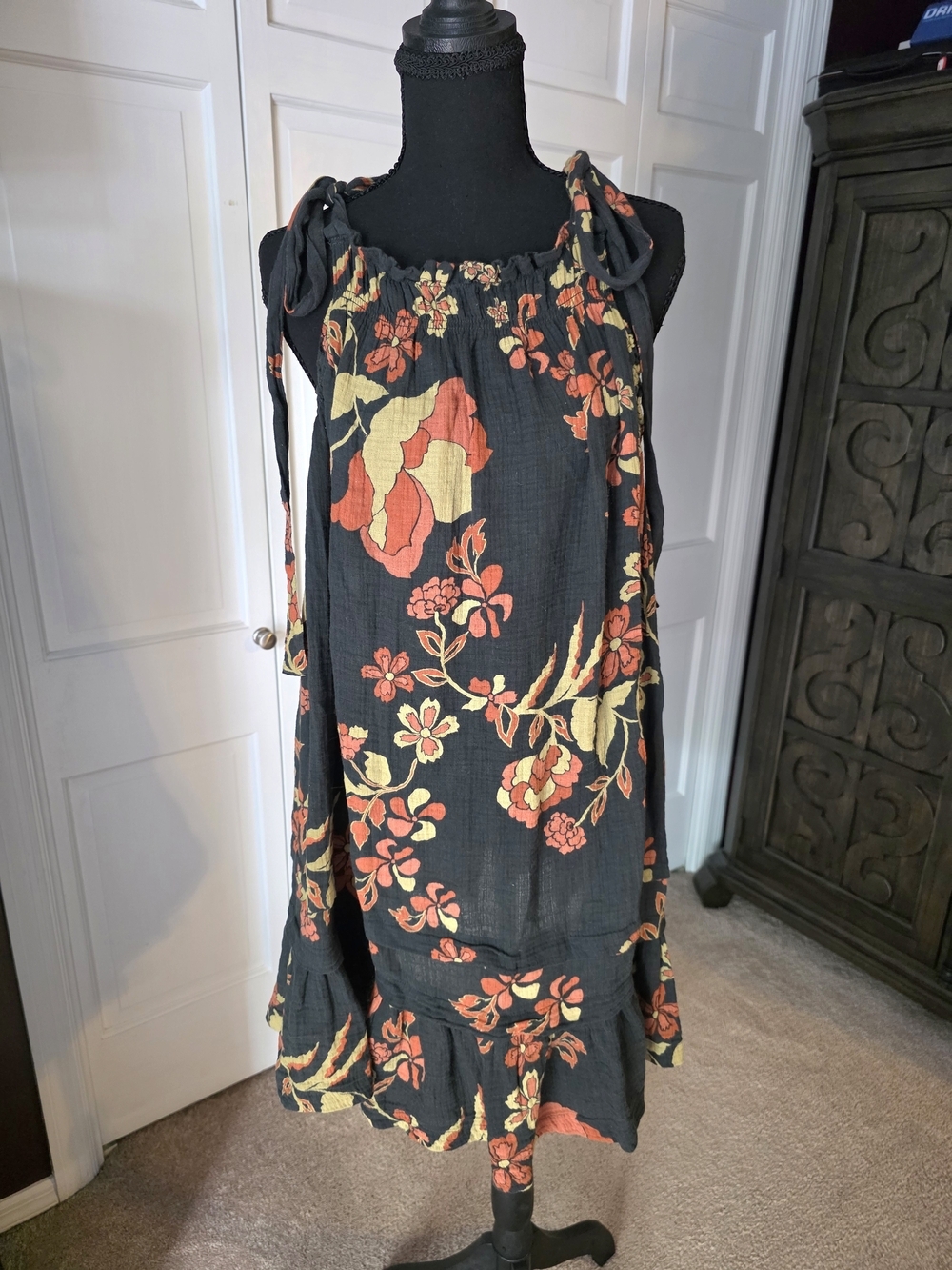 Free People XL Black Floral 100% Cotton Tie Strap Mini Dress Open Back Boho